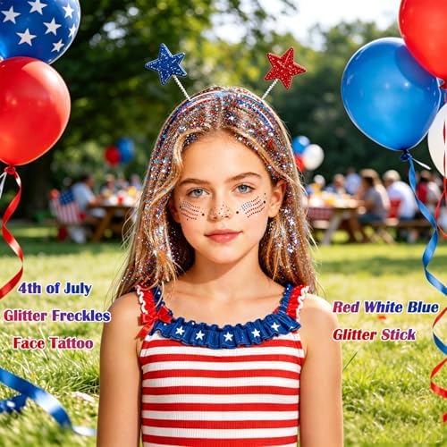 Go Ho 4th of July Red White and Blue Face Hair Body Glitter Stick + 6 Pcs Flag Glitter Freckle Face Tattoos,250 Anniversary USA Merchandise,Patriotic Independence Day Decorations Outfits for Women - Image 2