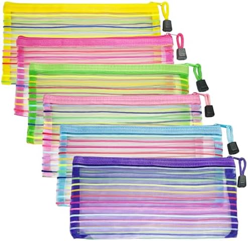 Mesh Bags with Zipper (6 Pack), Small Nylon Makeup Bag Cosmetic Pouches Travel Organizer for Purse Diaper Bag Home Organizing Striped Mix 6 Colors by CarryEpic