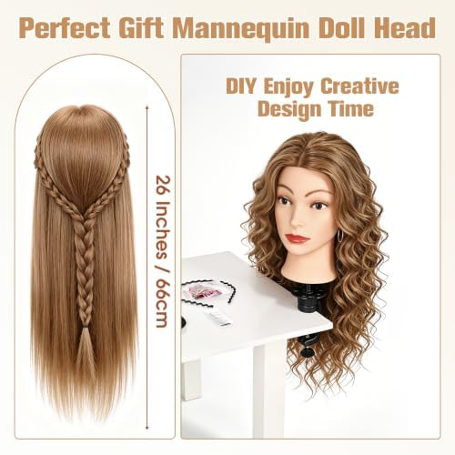 26'' Human Hair Mannequin Head,80% Mocha Brown Real Hair Mannequin Head,Cosmetology Manikin Head Doll Hair Styling Hairdressing Practice Training Wig Head with Clamp Holder and Tools - Image 7