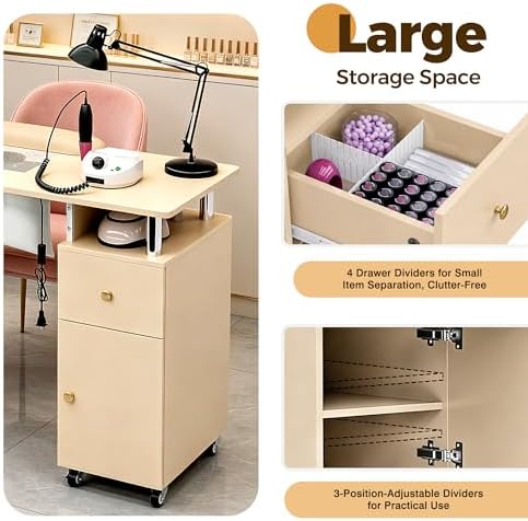 Manicure Table Nail Desk with Dust Collector & Wheels (Champagne) - Image 5
