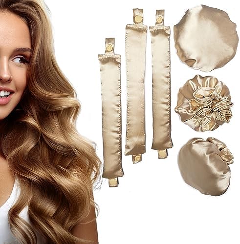 3Sets/6PCS Ariuvor New Satin Heatless Hair Curler,Hair Rollers for Heatless Curls with Hair Caps,Soft Heatless Curling Rod Headband for All Hair Types,No Heat Curling to Sleep in Overnight (2-beige) by Unknown