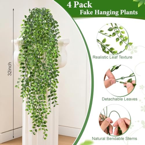 4Pcs Fake Hanging Plants, 32" Artificial Plants Mandala Greenery Ivy Vines - Image 4