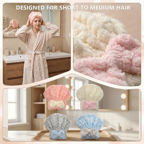 4-Pack Microfiber Hair Towel Cap for Short/Medium Hair, No Twist, No Tug, Soft Absorbent Drying Hat with Bow for Women - Great for Skincare, Makeup, Shower - Image 5