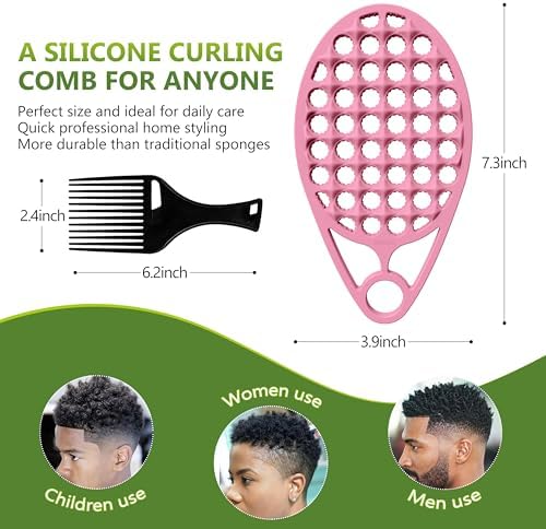 KOUPA Silicone Afro Twist Brush with Pick Comb for Coily Hair Curls, Pink - Image 3