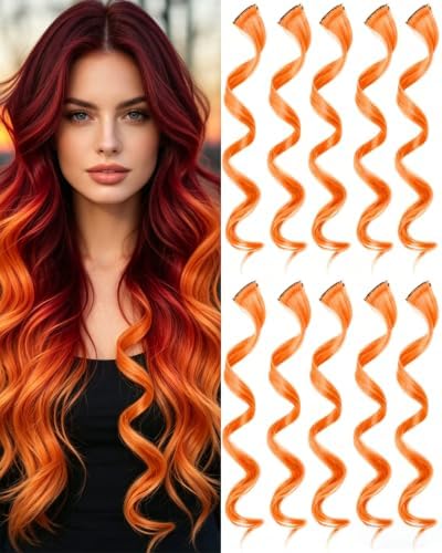 10 Pcs Orange Clip-In Curly Wavy Natural Synthetic Hair Extensions 17 Inch by Olldag