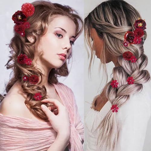 21 PCS Hair Flowers Boho Hair Barrettes Accessories Hawaiian Silk Flower Clips Girls Red Floral Bride Headpiece Festival(Red) - Image 4