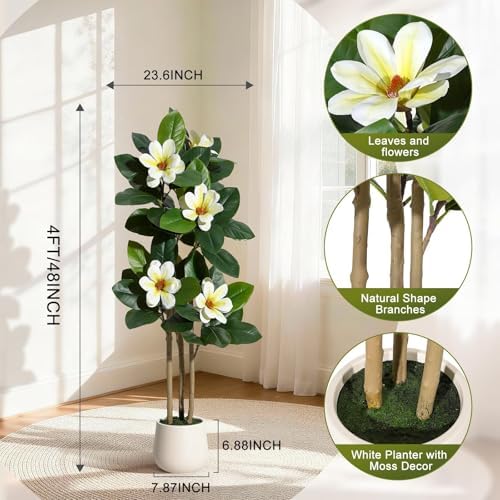 4 Inch Artificial Magnolia Tree with Pot, Faux Flower Tree with White Magnolia Blooms and Green Leaves, Potted Artificial Plant for Living Room, Bedroom, Office, Entryway, Store, Home Dector - Image 2