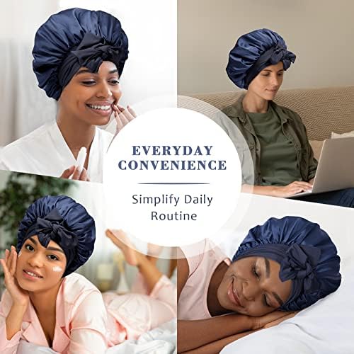 AWAYTR Wide Band Satin Bonnet, Tie-Band Sleep Cap for Curly Hair Women Navy - Image 5