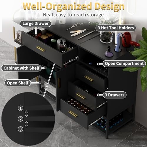 Salon Station with LED Mirror for Hair Styling, Black - Image 6
