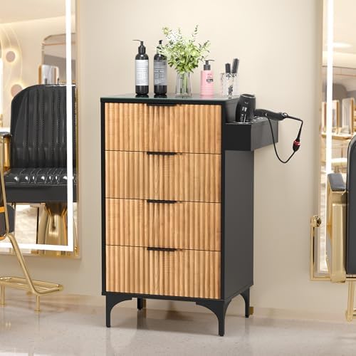 OmySalon Salon Station, Barber Station for Hair Stylist, Storage Cabinet with Glass Top & Drawers & Heat Resistant Dryer Holders, Modern Retro Style for Beauty Salon, Wood Black - Image 2