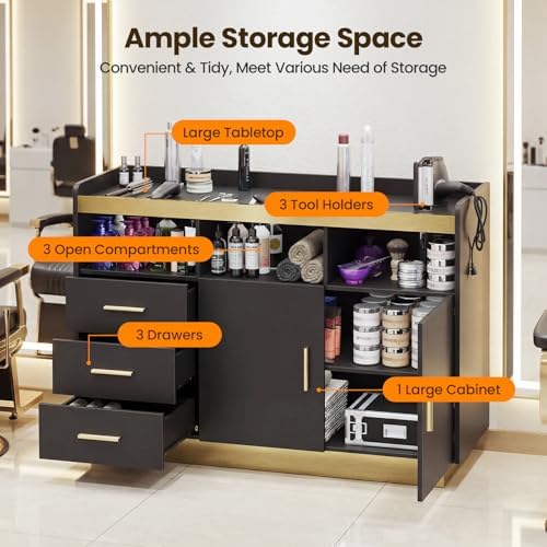 Salon Storage Cabinet Barber Station, Freestanding Hair Styling Station with 3 Drawers, 3 Hot Tool Holders & Open Shelves, Beauty Salon Spa Equipment - Image 3