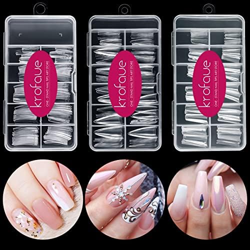 Krofaue 340PCS False Nail Tips Kit, Clear French Coffin Stiletto by krofaue