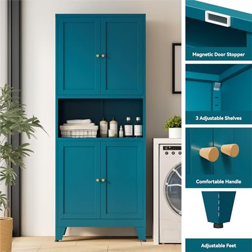 Bevivog Tall Pantry Cabinet with Microwave Shelf, 69" Metal Storage Cabinet with 4 Doors and Adjustable Shelves,Freestanding Metal Kitchen Hutch Cabinet, Blue Pantry Closet Storage Shelves with Doors - Image 4