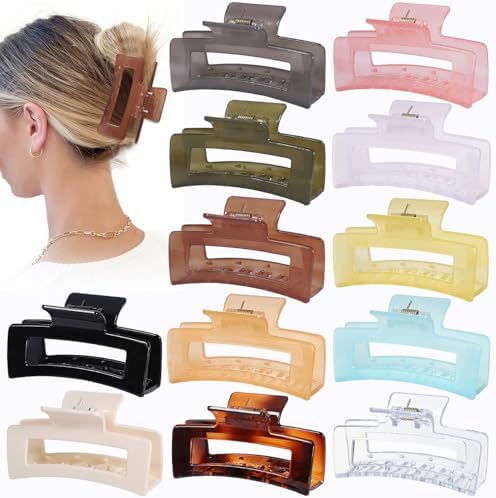 Sisiaipu 12 Pack Medium Square Claw Hair Clips, 3.5 x 2 x 1.1 inch, Shiny, 12 Colors, Hair Accessories for Women and Girls, Rectangular Rectangle Jaw Clips for Thick and Thin Hair Securing, 12 Pieces by SisiaipuHairClawClips