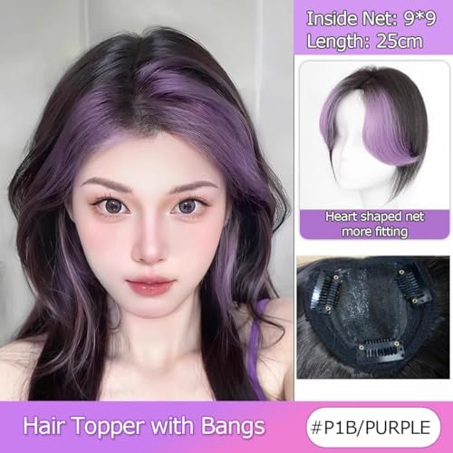VAVANGA Long Hair Topper with Bangs Clip in Black Purple Highlight Color - Image 6