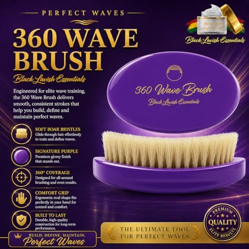 360 Wave Brush, Build Deeper Waves, Soft & Hard Boar Bristle Curved Brushes BLACK LAVISH ESSENTIALS Gold Bristle (Soft Brush, Purple) - Image 4