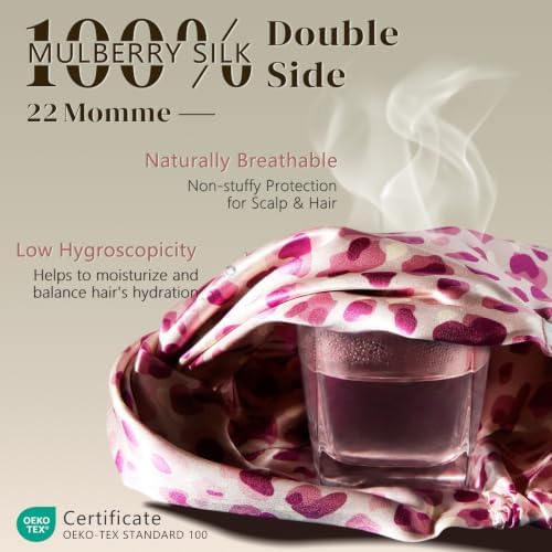 ZIMASILK 22 Momme 100% Pure Silk Bonnet for Sleeping, Leopard Pink/Purple - Image 2