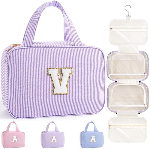 TOPEAST Travel Toiletry Bag for Women - Hanging Toiletry Bag Makeup Bag, Portable Toiletries Cosmetic Bag, Airplane Travel Essentials - Letter V, Purple by TOPEAST