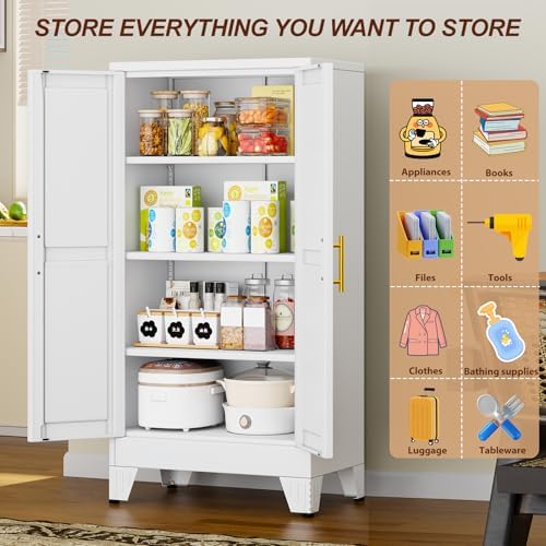 47" White Metal Storage Cabinet with 2 Doors and 3 Adjustable Shelves,Steel Garage Tool Cabinet, File Cabinet,Kitchen Pantry Cabinet for Home,Office,Garage,School,Warehouse - Image 4