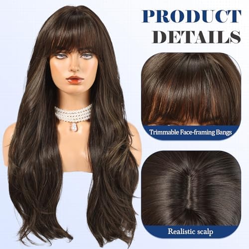 HAIRCUBE Long Brown Wig with Bangs Layered Curly Wigs for Women Natural Synthetic Wigs for Daily Use (pelucas de cabello natural) - Image 2