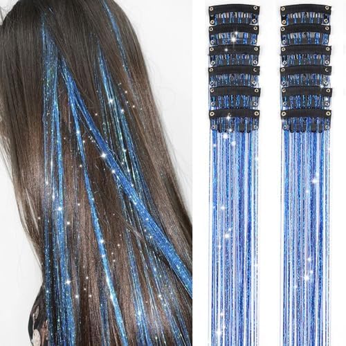 Hair Tinsel Clip in 12 Pcs 20 Inch Glitter Blue Tinsel Hair Extensions Festival Party Dazzle Fairy Hair Accessories Strands Kit by Ubeleco