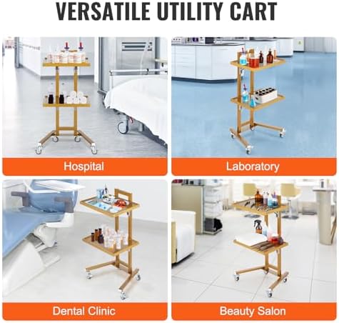 VEVOR Multifunctional 2 Tiers Foldable Medical Trolley Carton Wheels, Gold 2-Level Mobile Storage Tray Cart, Stainless Steel Rolling Lab Cart for Dental Tools, Cavitation Machine, Salon, Lab, Clinic - Image 6