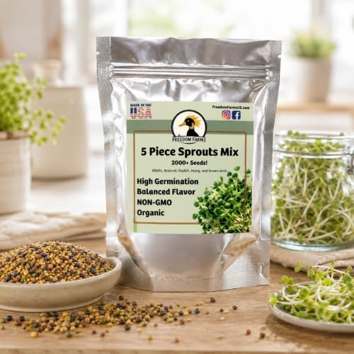 1 lb Salad Style Bean Sprout Starter Seeds - 46 Servings per Bag! - Non-GMO Organic - Sprouting Mix - Includes Alfalfa, Broccoli, Radish, Mung, and Green Lentil by FreedomFarms