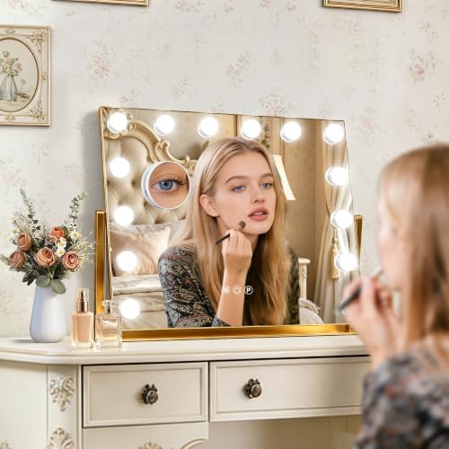 Ratsamee Gold Hollywood Vanity Mirror with Lights, 9 Dimmable Bulbs, 3 Color Lights,Make Up Lighted Mirror, 10x Magnification 360°Rotation(22" x 17") - Image 4