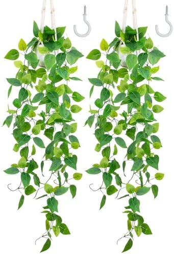 LOYWREE 2 Pack Artificial Hanging Plant Kit with Pot and Hanger - 39" Long Fake Pothos Vines - Hanging Potted Faux Plant Indoor for Wall Ceiling Bedroom Bathroom Living Room Home Decor (White Pot) by Unknown