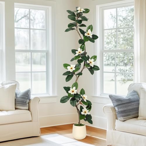 IDEALHOUSE 7ft Artificial Magnolia Tree, Faux Rubber Plant Floor Plant in White Planter, with 7 Pcs Magnolia Flowers for Home Decor for Home Office Living Room Decor - Image 7