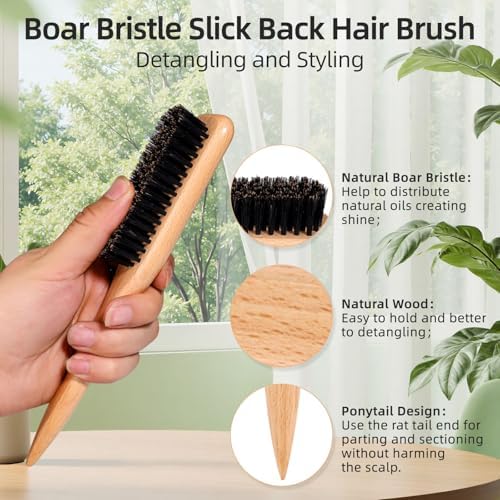 Boar Bristle Slick Back Hair Brush, Teasing Hair Brush with Black Carbon Fiber and Stainless Steel Tail Comb, Slick Hair Brush Set for Parting and Sectioning, Suitable for All Styling - Image 3