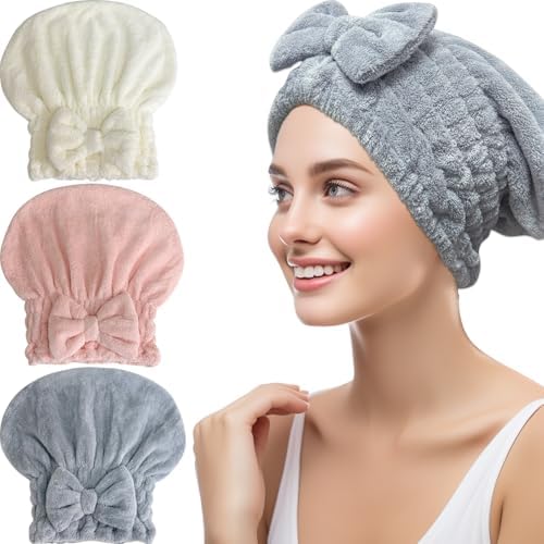 Jseng 3Packs Microfiber Hair Towel for Women - Quick-Drying, Super Absorbent Hair Wrap with Bow Design, Soft Hair Towel Turban for Curly Long Wet Hair by Jseng