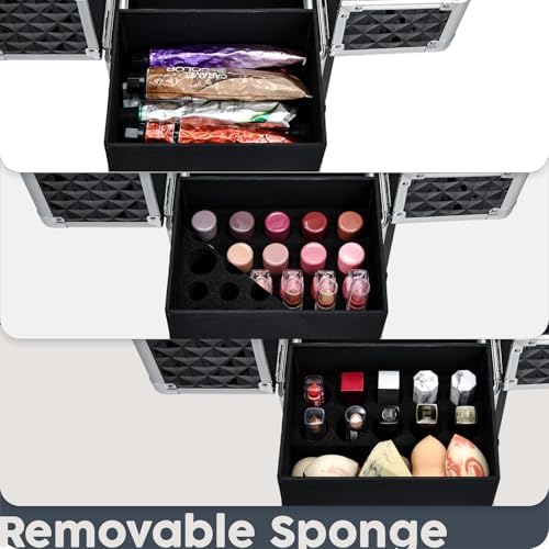 Hododou Rolling Makeup Case Cosmetic Travel Trolley Storage Sliding Drawer 4 Tray Makeup Travel Case with Wheels Salon Barber Case Traveling Cart Trunk for Cosmetologist Nail Tech Hairstylist Black - Image 4