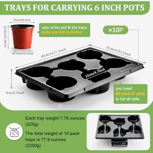 RooTrimmer 6 Cell Round Nursery Pot Trays for 6 Inch Pots, Thickened Sturdy Seedling Pot Shuttle Tray, Durable Nursery Pots Carrying Tray for Holding 6 Inch Plastic Plant Pots(17.08"×13.14", 10-Pack) - Image 2