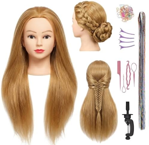100% Real Hair Mannequin Head Training Head Manikin Cosmetology Doll Head for Hairdresser Practice Braiding Hair Styling with Clamp stand (26-28inch) by Lamcestyr