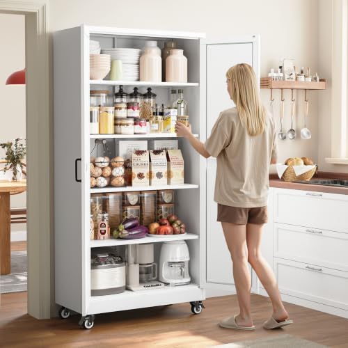 Yizosh 71" White Metal Kitchen Storage Cabinet,Garage Tool Storage Cabinets - Image 2