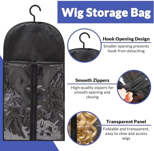 6Pcs Wig Storage Bags - with Hanger Extra Long Hair Extension Holder Carrier Case for Multiple Wigs Closet Organization Travel Salon Use Black - Image 2