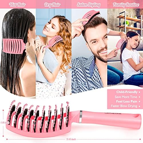 URTHEONE Hair Brush,Detangling Hairbrush Boar Bristle Curved Vented Hair Brush for Women Men Kids Curly Thick Long Short Wet or Dry Hair, Faster Blow Drying(2Pack Pink) - Image 4