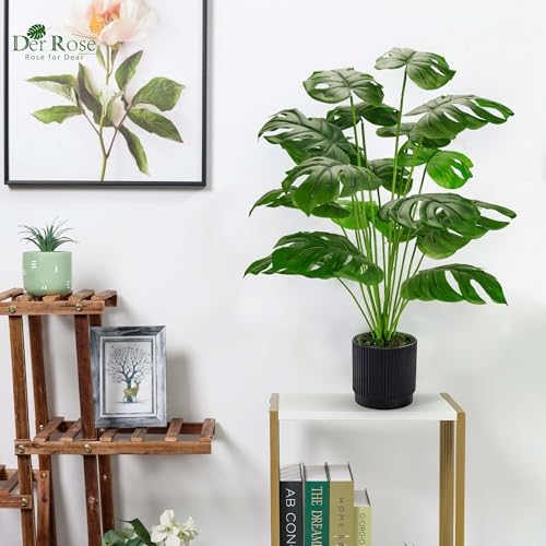 Der Rose 2 Pack 28" Fake Plants, Monstera Plants in White and Black Pots - Image 6