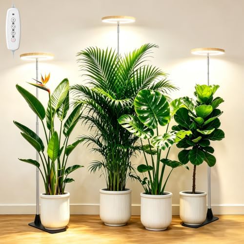 LBW Grow Lights for Indoor Plants, 80 LEDs Full Spectrum Disc Plant light with base, 2-IN-1 Base & Stake Grow Lamp, 65" Height Adjustable, 6/8/12/16H Auto Timer, 5 Dimming Levels, Bamboo Grain, 3 Pack by LBW