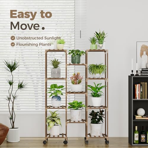Bamworld Plant Stand With Wheels Indoor Outdoor Wood Plants Shelf for Multiple Plants 11 Pots,Tall Large Flower Holder for Living Room, Patio, Balcony, Garden - Image 2
