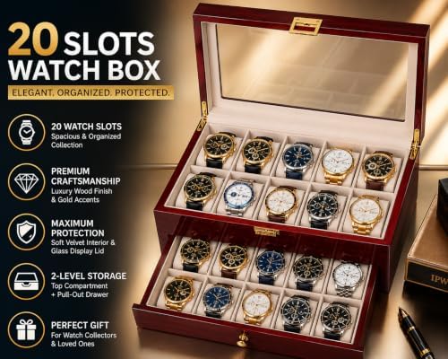 High End 20 Slot Rosewood Watch Box for Men, 2 Tier Watch Organizer with Glass Display Lid, Velvet Lined Watch Case Storage for Up to 45mm Watches, Luxury Watch Holder Gift for Collectors - Image 4
