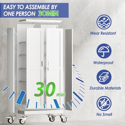 45.6" Metal Garage Storage Cabinet with Wheels and Locking Doors and Tall Rolling Steel Tool Cabinet with 3 Adjustable Shelves for Garage,Home,Office,Shop (White, 45.6''H x 23.7''W x11.8''D) - Image 4