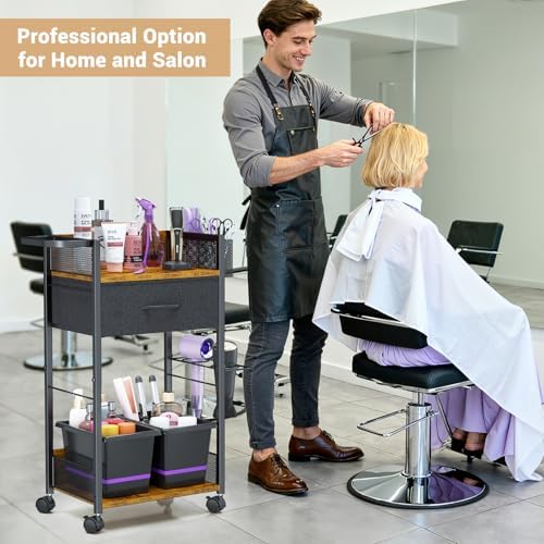 Salon Trolley Cart with Wheels, Mobile Hair Stylist Station with Metal Tool Holder & Basket, Rolling Barber Table with Fabric Drawer, Storage for Salon, Barbershop, Spa & Tattoo, Black - Image 5
