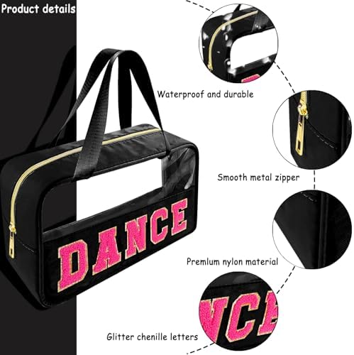 Bunliuys Chenille Letter Clear Makeup Bag Dance Patch, Travel Toiletry Makeup Bag with Handle, Nylon Waterproof Makeup Bags clear cosmetic bag, preppy patch makeup bag for Women (DANCE-Black) - Image 3