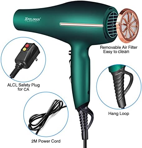 Pro Ionic Salon Hair Dryer,Xpoliman Blow Dryer,Powerful 2000 Watt with AC Motor,Quick Drying Hairdryers Diffuser Fast Dryer Lightweight Best Soft Touch Body -Green & Gold - Image 2