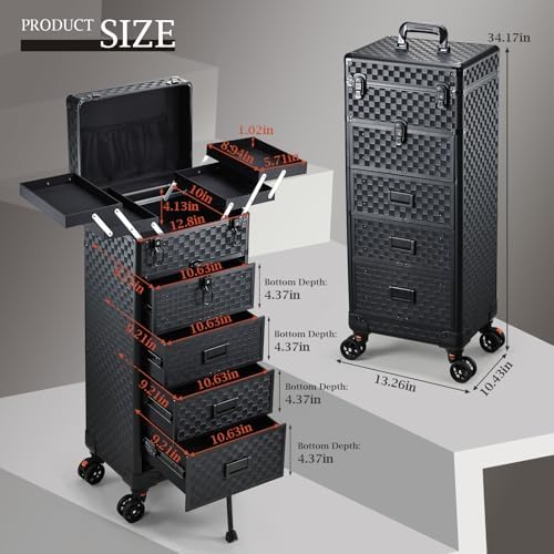 Stagiant Rolling Makeup Case with Drawers Cosmetology Case on Wheels 5 IN 1 Makeup Case 4 Drawers with Foot Stand Spring-release Mechanism Rolling Make Up Organizer for Artist Salon Nail Teach Trunk - Image 5