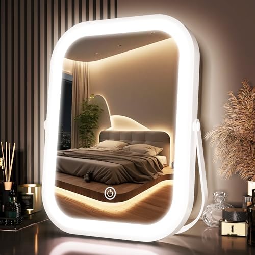 PRIMETEK Travel Makeup Mirror with Lights, Portable Small Beauty LED Vanity Mirror with Lights, 1200mAh Battery, Dimmable Touch Screen, Tabletop Folding Compact Mirror,Women Gift by Primetek