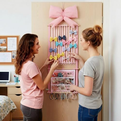 Back to School Pink Hair Bows Holder Headband Organizer for Girls Long Baby Hair Clips Accessories Display Storage Hanging Wall Decor with Hooks Gift for Nursery Toddler Girls Room(Clear Pocket) - Image 2