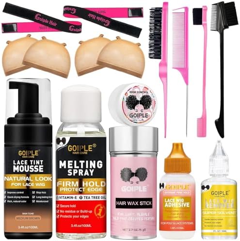 Lace Glue Kit Complete Set with Lace Tint Mousse, Lace Melting Spray Wig Glue for Women's Wigs and Hairpieces - Wig Installation Kit & Tape in Extension Rmover & Cap (Medium Brown) by Goiple